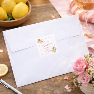 Sticker Carré Ciao Bambina Ruban Rose Citron Jaune Baby Shower