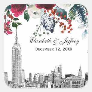 Sticker Carré Ciel de NYC ESB Etch Bordeaux Vert Floral Aquarell