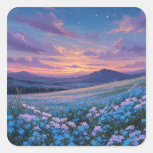 Sticker Carré Ciel nocturne étoilé au-dessus d'une prairie bleue