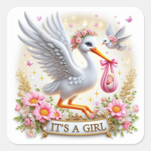 Sticker Carré Cigogne Mignonne C'est Une Fille avec Bébé et Fleu (Devant)