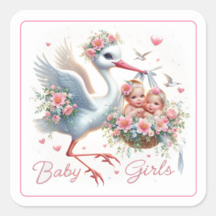 Sticker Carré Cigogne mignonne portant des jumelles bébés filles
