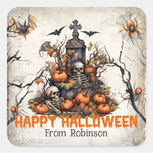 Sticker Carré cimetière des crânes d'aquarelle vintage tradition (Devant)