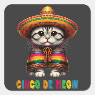 Sticker Carré Cinco De Mayo Drôle Chat Mexicain Sombrero Meow