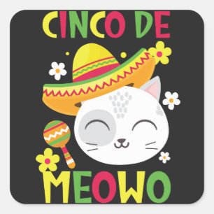 Sticker Carré Cinco De Meowo, chat mexicain coloré et ludique