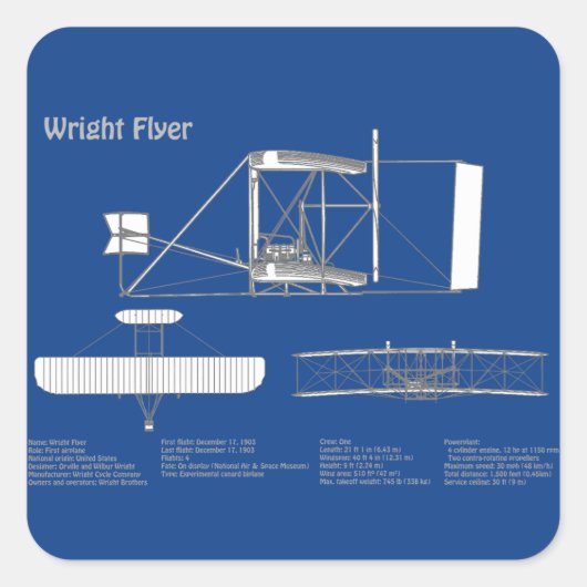 Sticker Carré Circulaire Wright - Plan de dessin du plan d'avion (Devant)