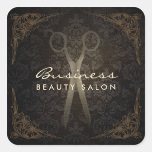 Sticker Carré Ciseau de salon de cheveux vintage encadré Damas