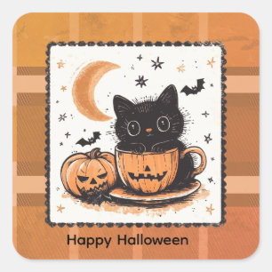 Sticker Carré Citrouille de chat mignon Halloween