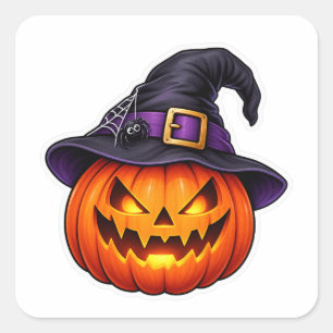 Sticker Carré Citrouille de Halloween Chapeau de Sorcière Jack O
