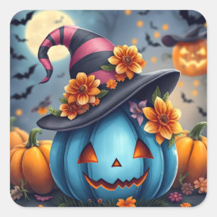 Sticker Carré Citrouille d'Halloween bleue Jack-o-lantern