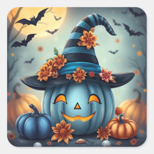 Sticker Carré Citrouille d'Halloween bleue Jack-o-lantern