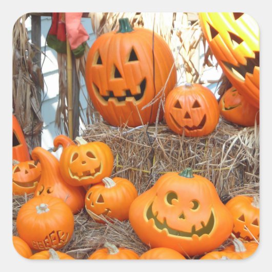 Sticker Carré Citrouille halloween Jack-o'-lantern orange citrou (Devant)