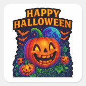 Sticker Carré Citrouille Neon Glow "Happy Halloween" (Devant)