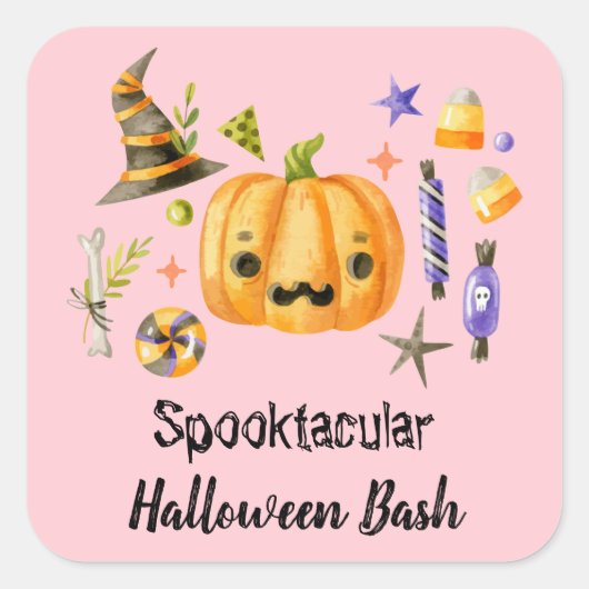 Sticker Carré Citrouille Spooktacular Halloween Bash Party rose (Devant)