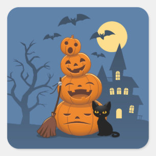 Sticker Carré Citrouilles d'Halloween et chat noir