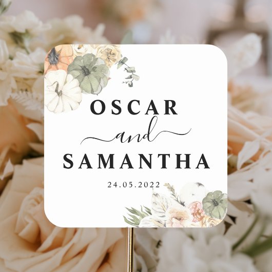 Sticker Carré Citrouilles et fleurs d'aquarelle modernes