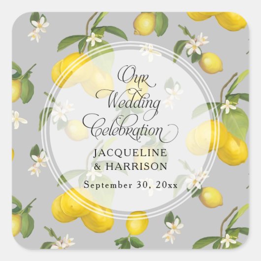 Sticker Carré Citrus citron vert fleuri Jaune n Gris Mariage (Devant)
