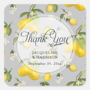 Sticker Carré Citrus citron vert floral gris Merci jaune