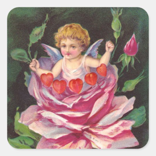 Sticker Carré Clapsaddle : Flower Cherub Rose (Devant)