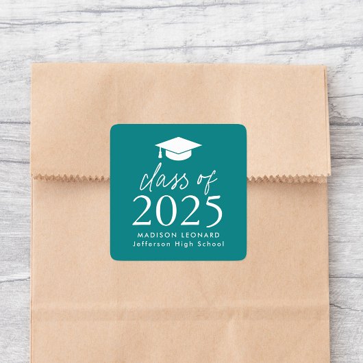Sticker Carré Classe moderne de 2025 Script Graduation Turquoise