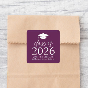 Sticker Carré Classe moderne de 2025 Script Purple Graduation