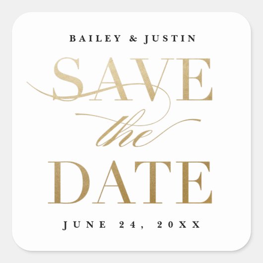 Sticker Carré Classic Calligraphy Gold Enregistrer la date (Devant)
