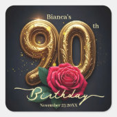 Sticker Carré Classy Chic Red Rose Ornate Golden 90th Birthday (Devant)