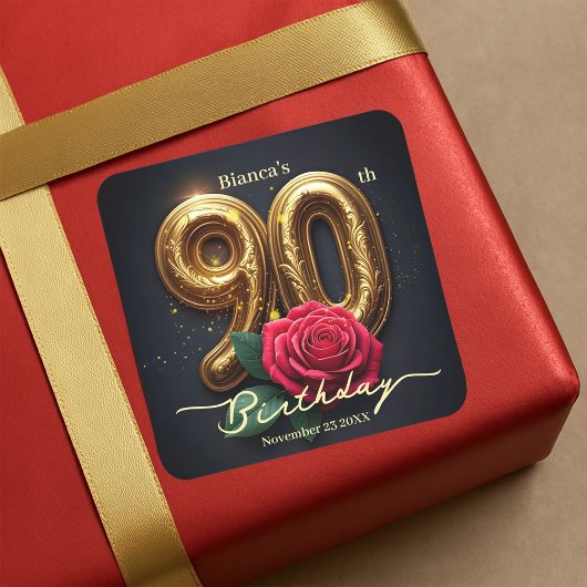 Sticker Carré Classy Chic Red Rose Ornate Golden 90th Birthday
