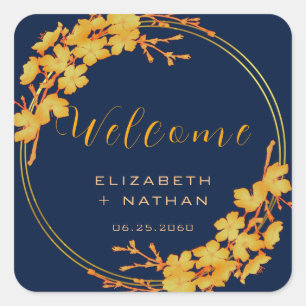 Sticker Carré Classy Gold Floral Marine Blue Mariage Bienvenue