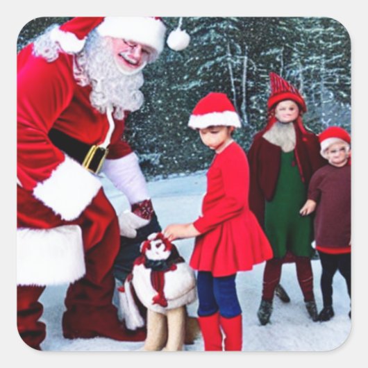 Sticker Carré Clause Santa avec Elfs, Noël (Devant)
