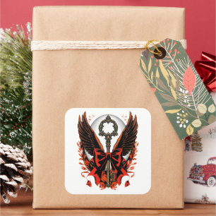 Sticker Carré Clé de fond en velours gothique avec ailes et lune