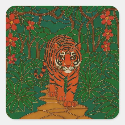 Sticker Carré Cloisonne Art Tiger on the Jungle Path (Devant)