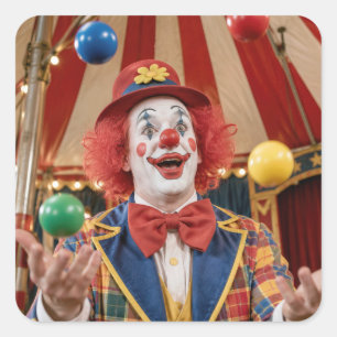 Sticker Carré Clown Joyeux Jonglant des Balles Colorées