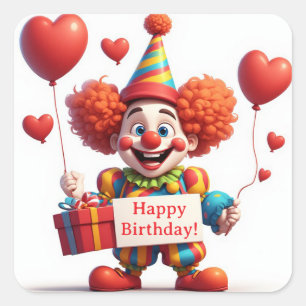 Sticker Carré Clown Mignon Tenant un Panneau Avec Cadeau ❤️