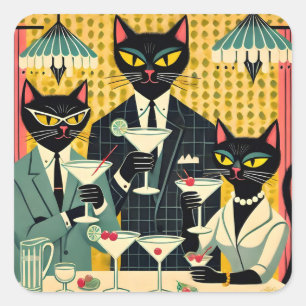 Sticker Carré Club de martini au chat noir rétro-futuriste