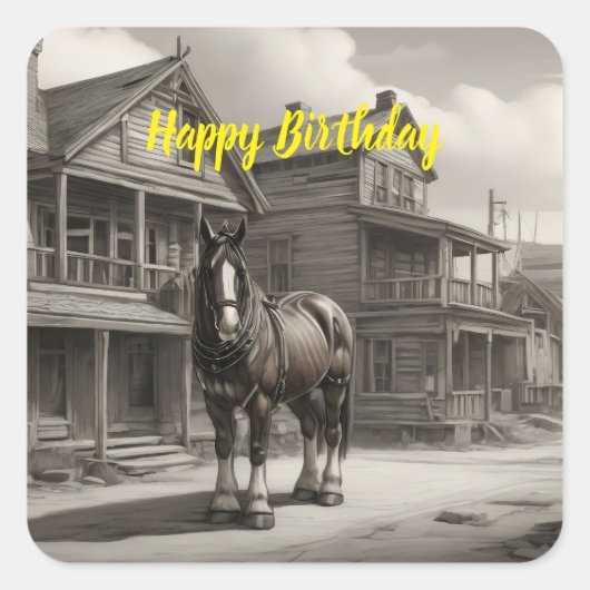 Sticker Carré Clydesdale cheval dans la ville fantôme (Devant)