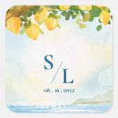 Sticker Carré Coastal Blue & Lemon Watercolor Monogram Wedding (Devant)