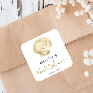 Sticker Carré Coastère Gold Seashell Marine Blue Fête des mariée