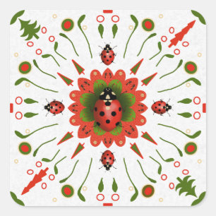 Sticker Carré Coccinelle de Noël Rouge Blanc Vert Dessinée à la