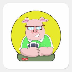 Sticker Carré Cochon au poker avec cartes