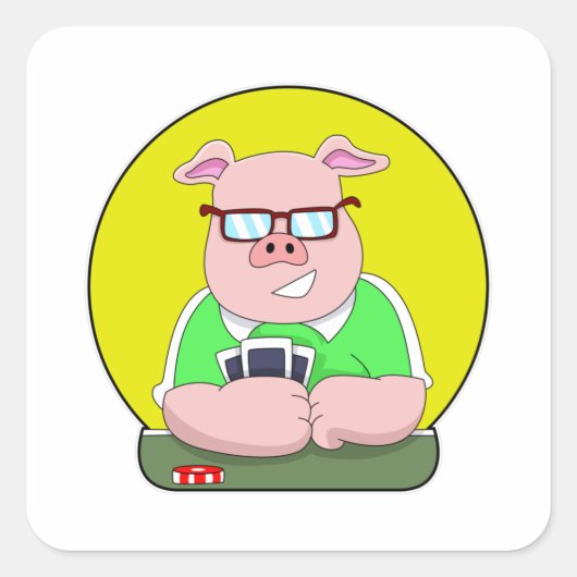 Sticker Carré Cochon au poker avec cartes (Devant)