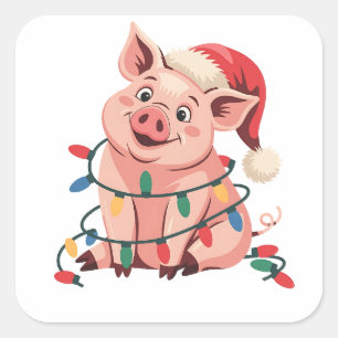 Sticker Carré Cochon aux lumières de Noël portant un chapeau de