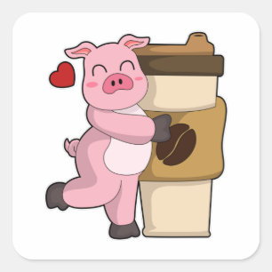Sticker Carré Cochon avec café pour aller