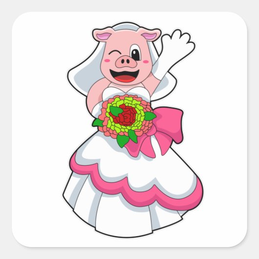 Sticker Carré Cochon avec robe Mariage & Bunch of Flowers (Devant)