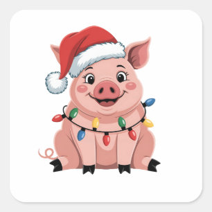 Sticker Carré Cochon chapeau de Père Noël de Noël vacances Noël 