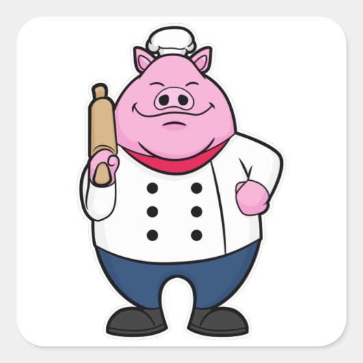 Sticker Carré Cochon comme cuisson avec broche à rouleaux (Devant)
