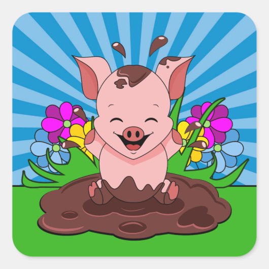Sticker Carré Cochon Dans La Boue (Devant)