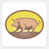 Sticker Carré Cochon de ferme rétro avec Sunburst (Devant)