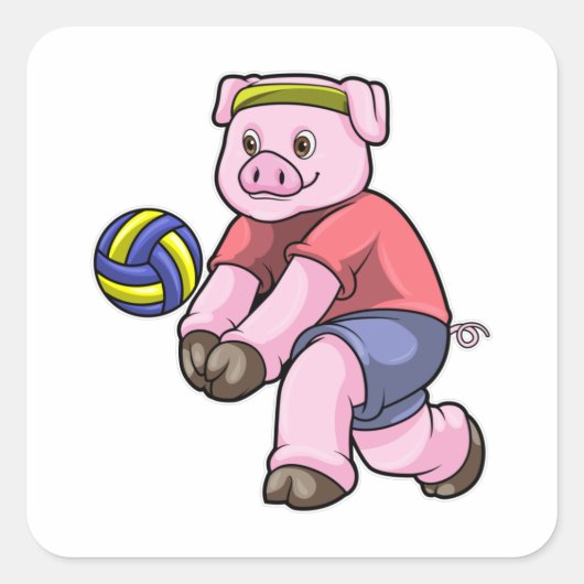 Sticker Carré Cochon de sport avec volleyball (Devant)