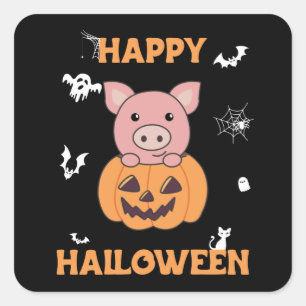 Sticker Carré Cochon En Citrouille Cochons Doux Joyeux Halloween