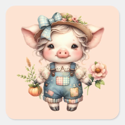 Sticker Carré Cochon fermier mignon dans les salons avec fleurs (Devant)